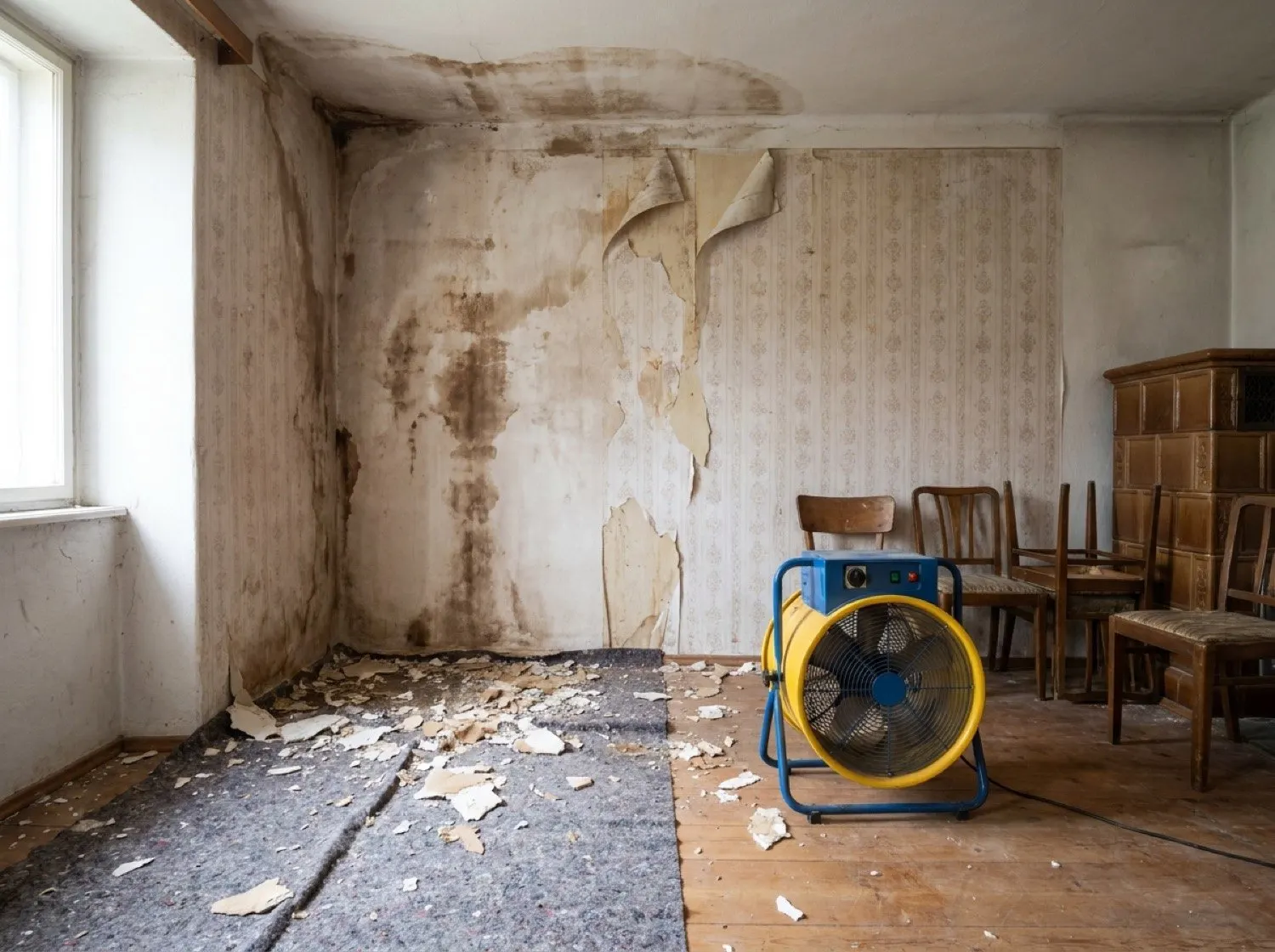 Wohnzimmerwand mit deutlichen Feuchterändern und abgelöster Tapete, daneben Trocknungsgerät, sachliches Tageslicht