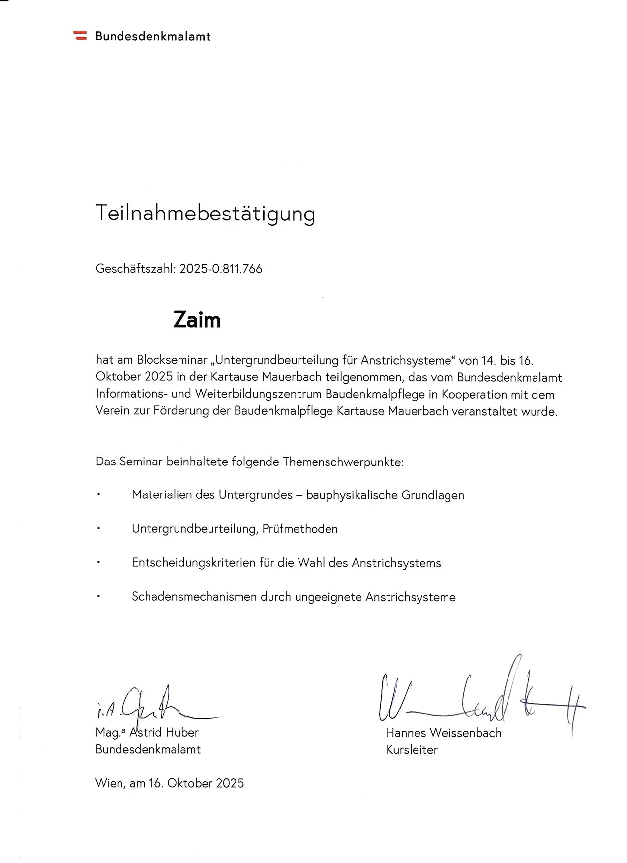 Zertifikat: Untergrundbeurteilung für Anstrichsysteme