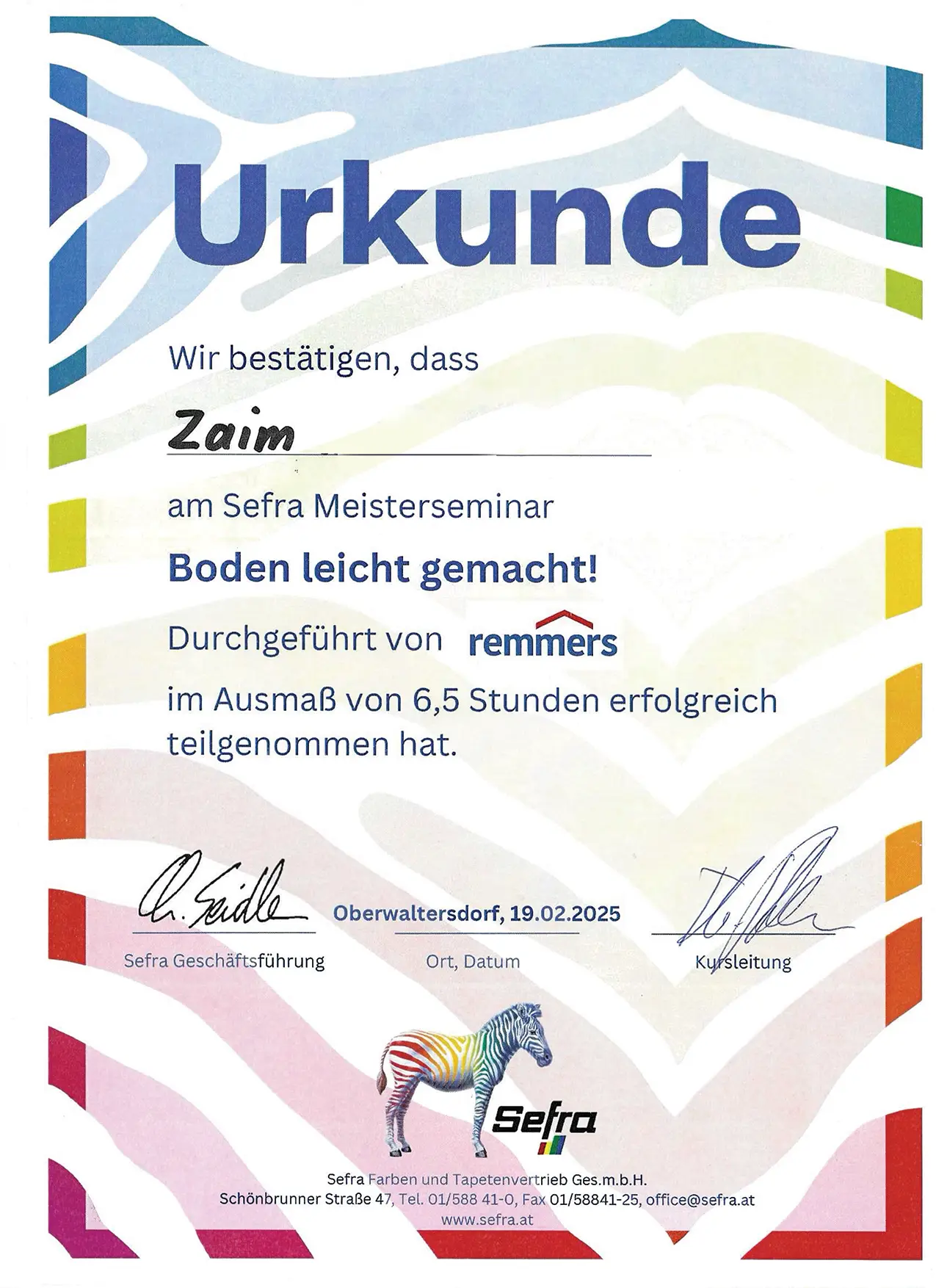Zertifikat: Meisterseminar Bodenbeschichtung