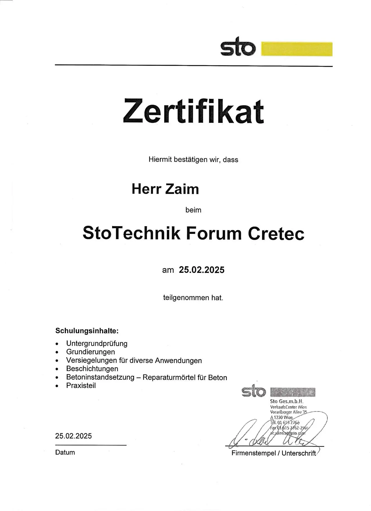 Zertifikat: Technik-Forum StoCretec – Betoninstandsetzung