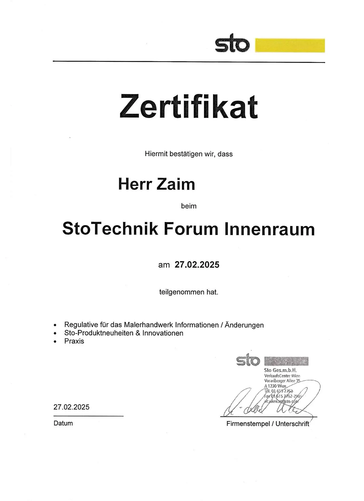 Zertifikat: Technik-Forum Innenraum
